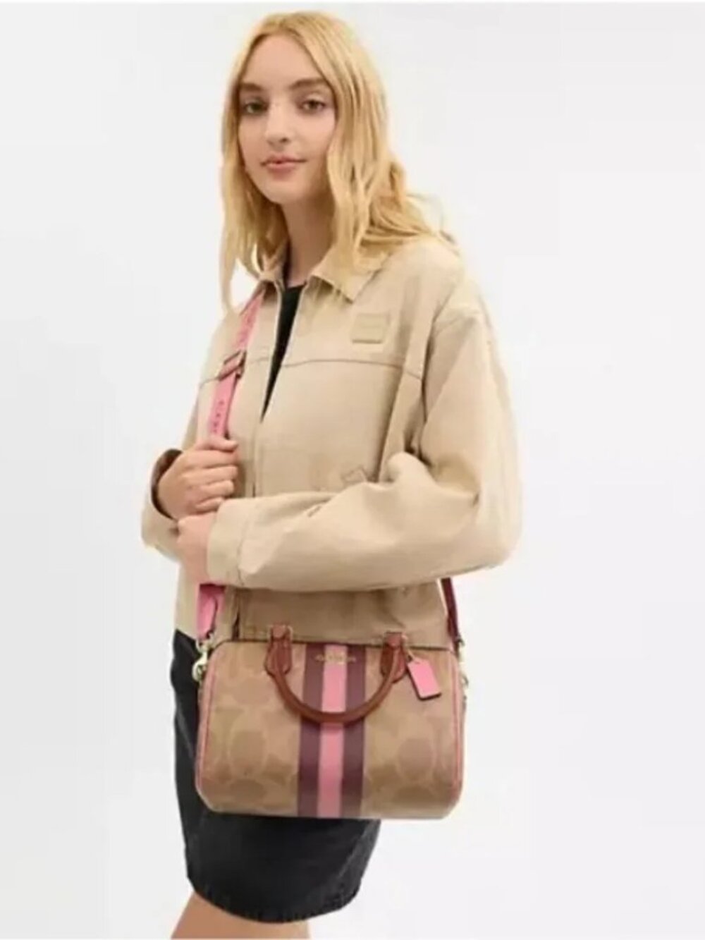 NWT Authentic Coach Rowan Brown Signature Satchel with Pink & Wine Stripe Accent - Picture 10 of 12